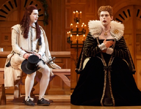 Samuel Barnett as Viola in Twelfth Night (left) and Queen Elizabeth in Richard III (right). Image:© Joan Marcus